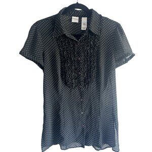 EMMA JAMES Black  Polka Dot Poly Georgette Ruffle Short Sleeve Blouse Size 6